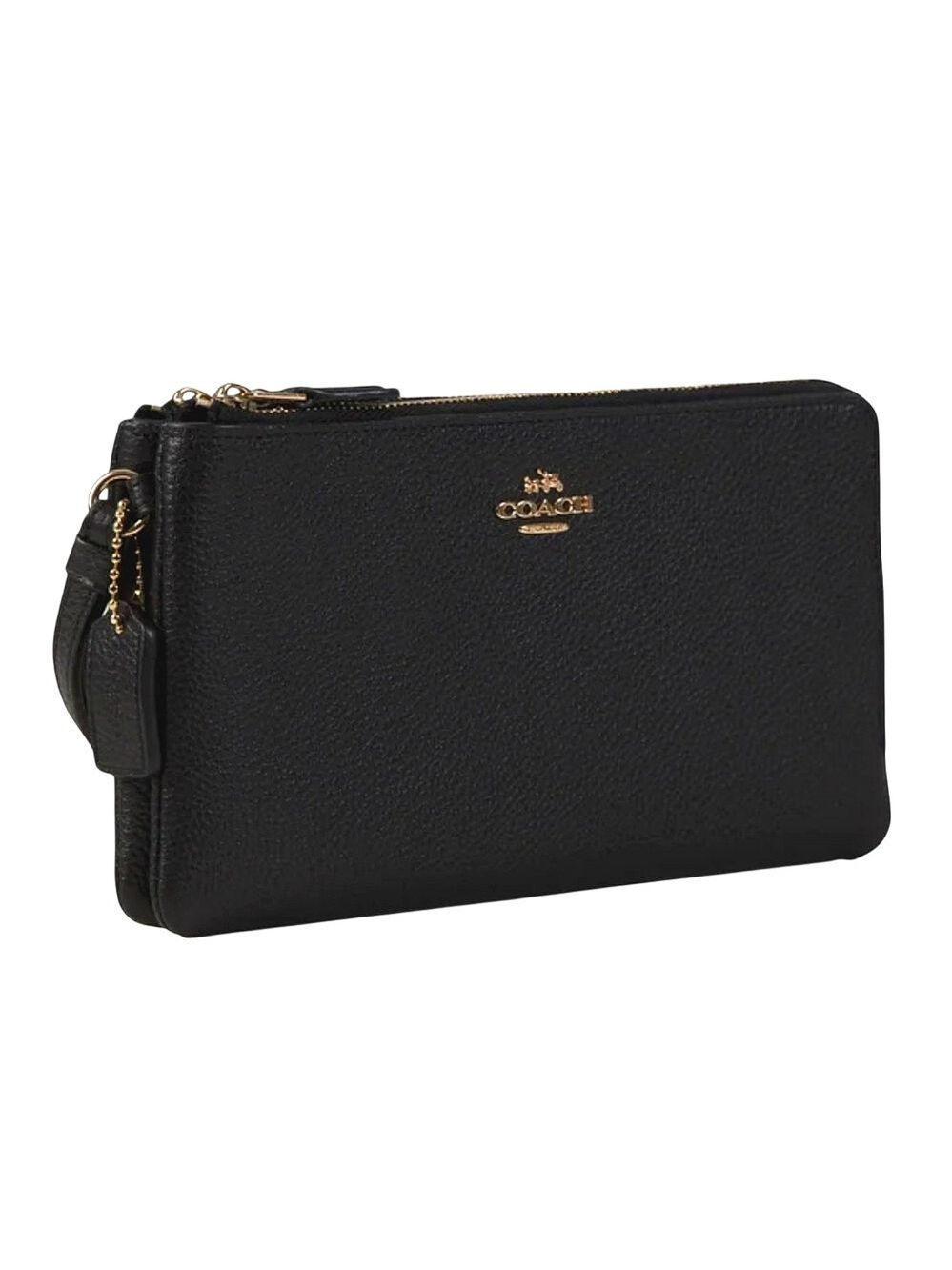 COACH DOUBLE ZIP WALLET IN POLISHED PEBBLE LEATHER BLACK WITH CARD SLOTS NEW!